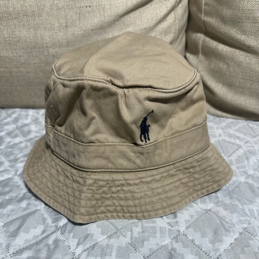 Ralph Lauren Khaki Bucket Hat with Navy Polo Logo
